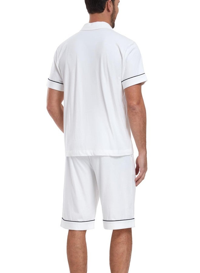 COLORFULLEAF 100% Cotton Mens Pajamas Set Shorts Button Down Sleepwear Short Sleeve Nightwear Summer Pjs with Pockets (White,M) - Image 5